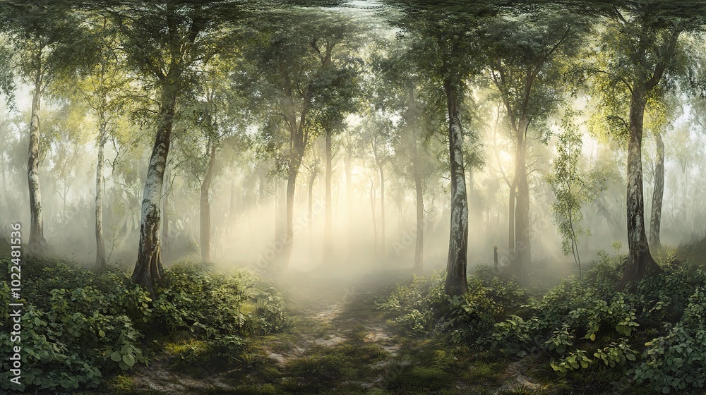 Fototapeta premium Serene Forest Pathway in Soft Morning Light