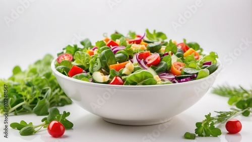  A fresh green salad with mixed vegetables and vinaigrette dressing in a white bowl, vibrant colors, isolated on white background.-