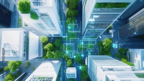 Sustainable smart eco city and greenery concept. Smart buildings using AI-controlled energy management systems in an eco-friendly city close up on energy-saving tech urban efficiency.