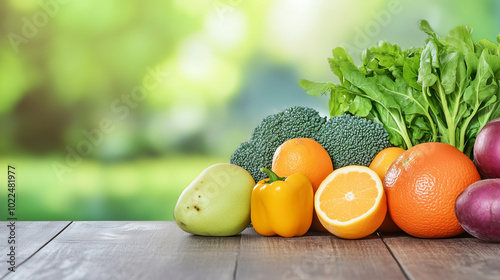 Close-up of vibrant fresh vegetables and fruits on wooden table, symbolizing healthy blood pressure foods, emphasizing natural nutrition and wellness. photo