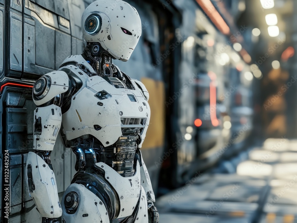 Robot standing near train on track Robot standing near train on track
