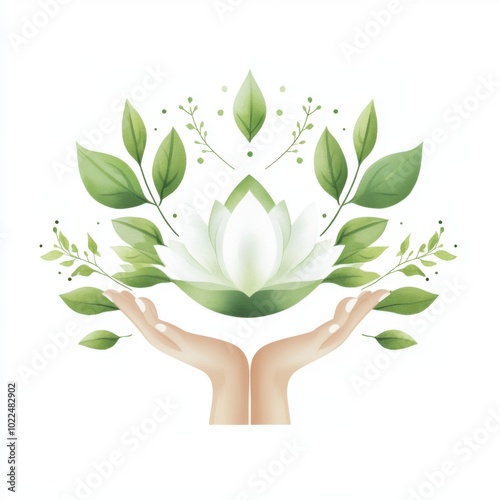 A serene illustration of hands holding a blooming lotus surrounded by green leaves, symbolizing peace and growth.