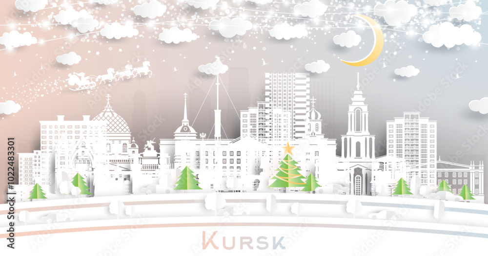 Fototapeta premium Kursk Russia. Winter city skyline in paper cut style with snowflakes, moon and neon garland. Christmas and new year concept. Santa Claus on sleigh. Kursk cityscape with landmarks.