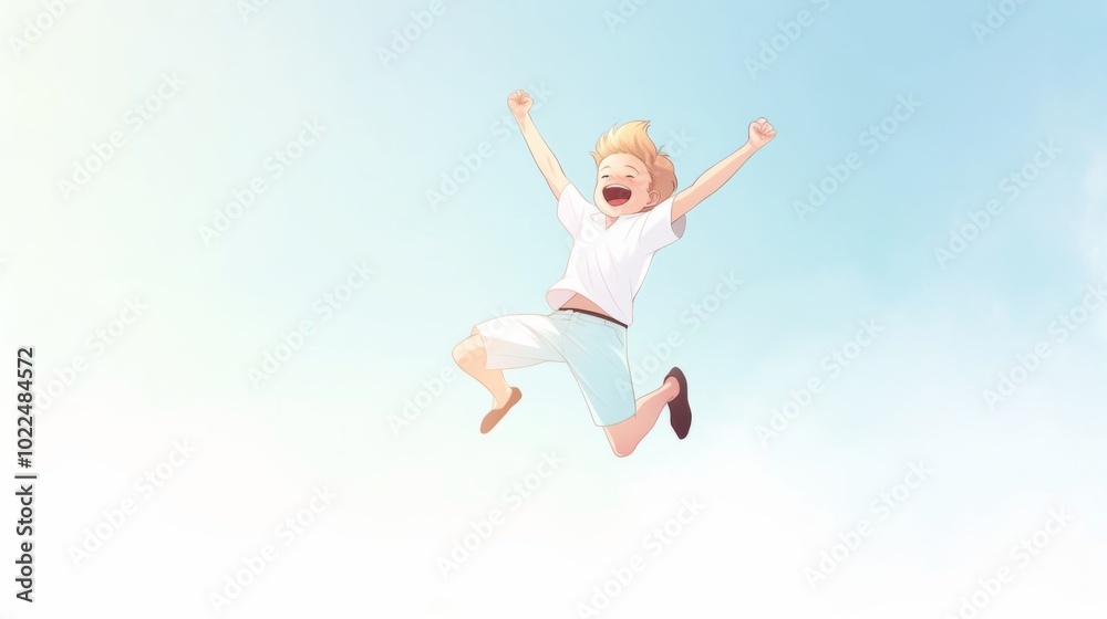 Joyful little blonde boy in a white t-shirt and blue pants, smiling and jumping with happiness against a light sky background. Joyful little blonde boy in a white t-shirt and blue pants, smiling and jumping with happiness against a light sky background.