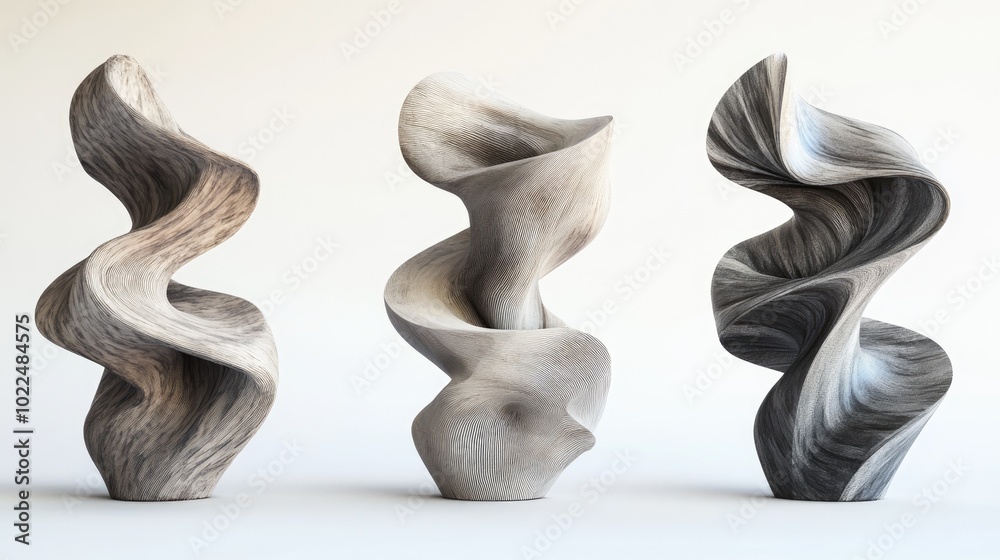 three abstract sculpture art display on white background three abstract sculpture art display on white background