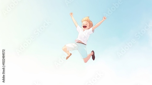 Joyful little blonde boy in a white t-shirt and blue pants, smiling and jumping with happiness against a light sky background.