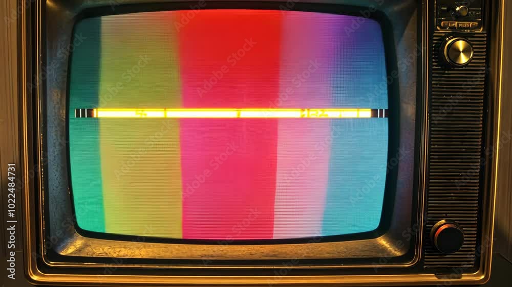 A vintage television shows a colorful test pattern on the screen