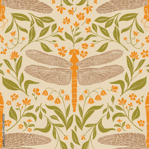 Vector Hand drawn Dragonfly Nature Garden Seamless pattern