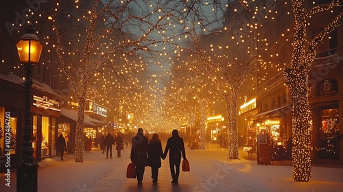 A magical Christmas evening at Bahnhofstrasse, Zurich, the street adorned with grand holiday light displays, trees wrapped in twinkling lights, snow gently falling. Shoppers carrying festive bags,