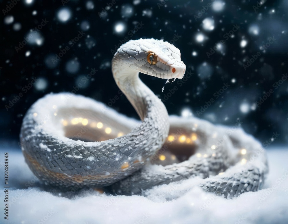 Fototapeta premium Cute green snake, symbol of 2025 according to the eastern calendar. The snake symbolizes wisdom, vitality, immortality and healing powers. New Year's card