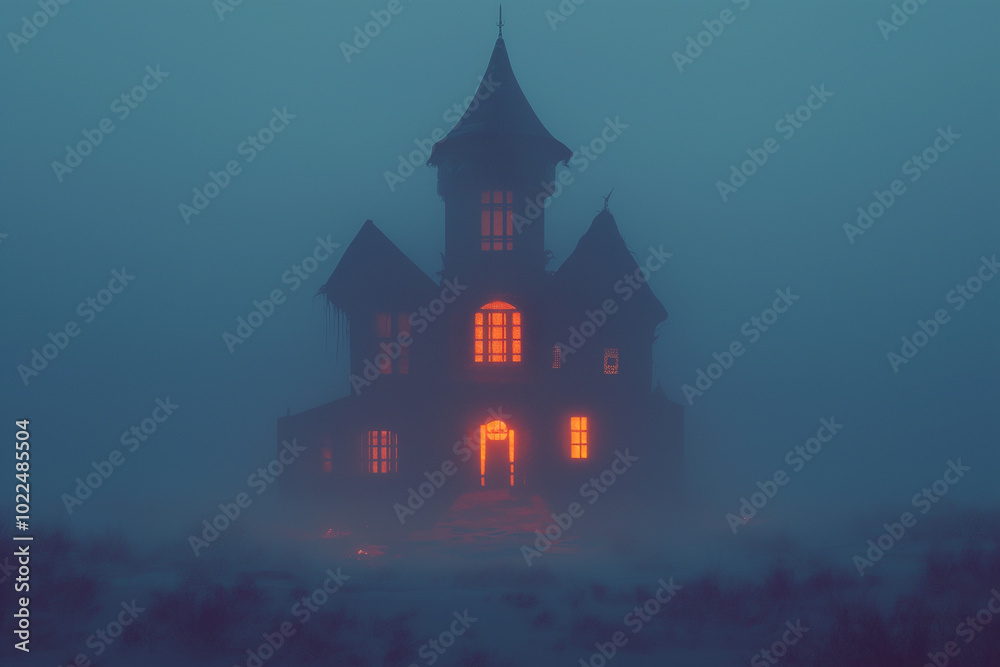 Mysterious foggy night with glowing haunted house and silhouettes Mysterious foggy night with glowing haunted house and silhouettes