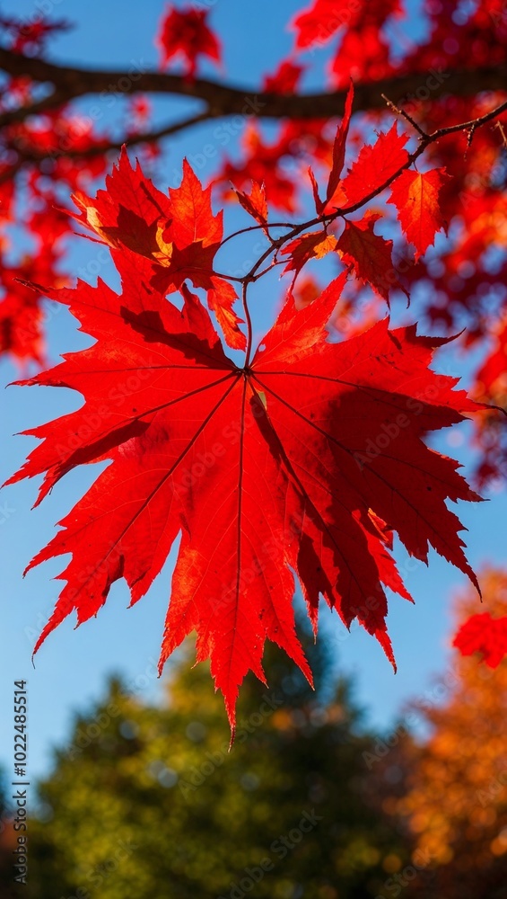 Bright red maple leaves glowing in autumn sunlight background for invitation or card screensaver Bright red maple leaves glowing in autumn sunlight background for invitation or card screensaver