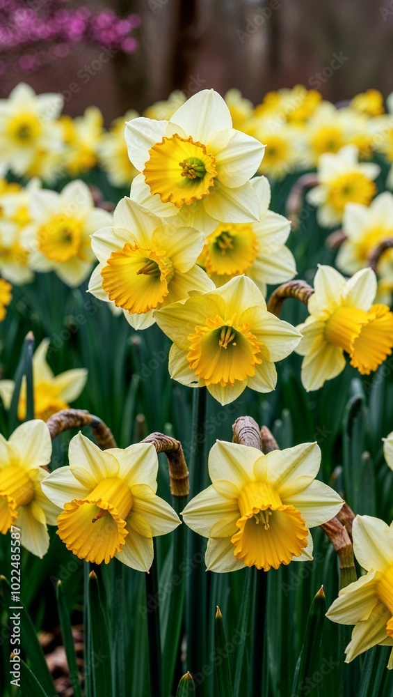 Bright yellow daffodils blooming in early spring background for invitation or card screensaver Bright yellow daffodils blooming in early spring background for invitation or card screensaver