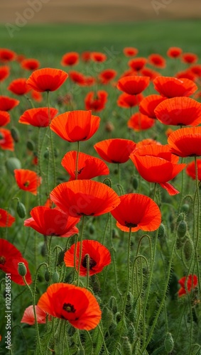 Bright red poppies in a field of green background for invitation or card screensaver