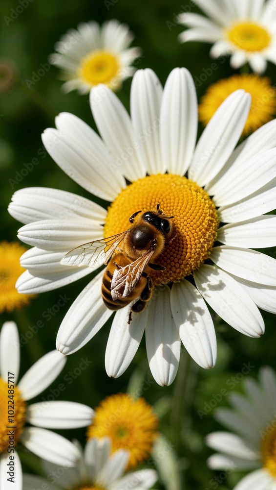 Close up of a bee on a yellow daisy flower background for invitation or card screensaver Close up of a bee on a yellow daisy flower background for invitation or card screensaver