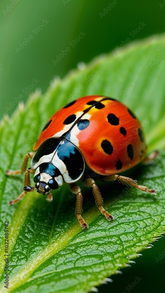Close up of a ladybug on a green leaf background for invitation or card screensaver Close up of a ladybug on a green leaf background for invitation or card screensaver