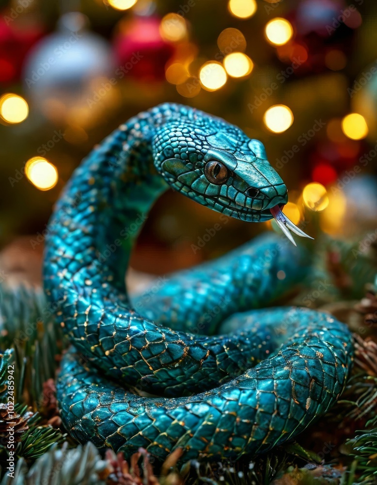 Fototapeta premium Cute green snake, symbol of 2025 according to the eastern calendar. The snake symbolizes wisdom, vitality, immortality, and healing powers. New Year card