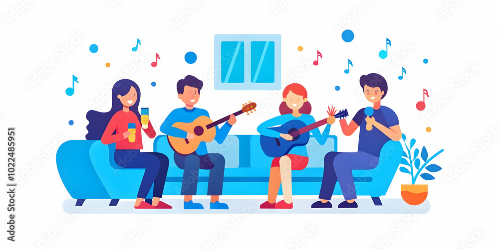 Candid Image of Friends Enjoying Music Together in Cozy Living Room - Capturing the Joy of Shared Hobbies Through Musical Instruments at Home Candid Image of Friends Enjoying Music Together in Cozy Living Room - Capturing the Joy of Shared Hobbies Through Musical Instruments at Home