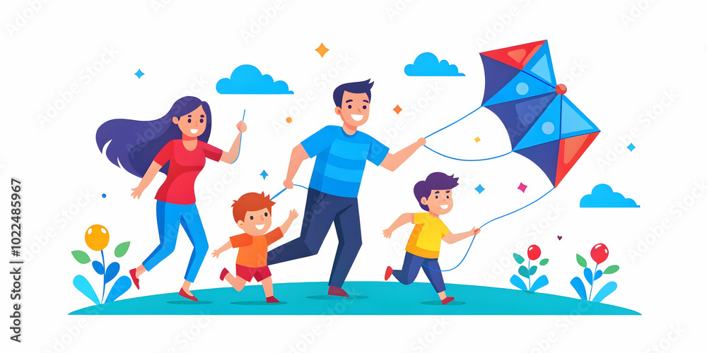 Candid Family Photo Flying Kites in Open Field - Capturing Joy, Freedom & Playfulness in Outdoor Activities Candid Family Photo Flying Kites in Open Field - Capturing Joy, Freedom & Playfulness in Outdoor Activities