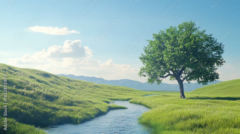 beautiful nature with a tree, green grass and river landscape beautiful nature with a tree, green grass and river landscape