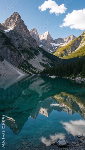 Crystal clear lake reflecting mountain peaks background for invitation or card screensaver