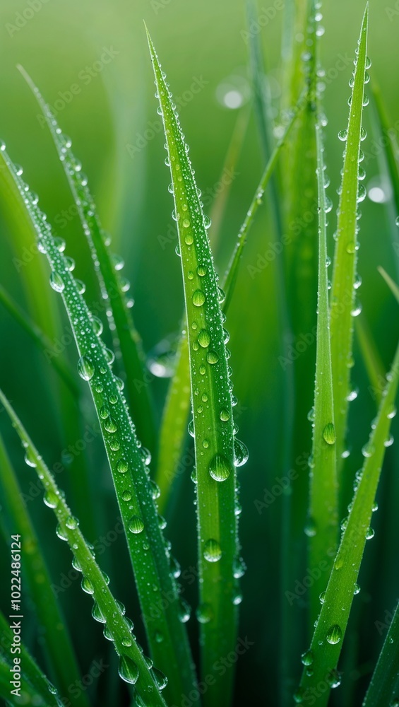Dew drops on green grass blades background for invitation or card screensaver Dew drops on green grass blades background for invitation or card screensaver