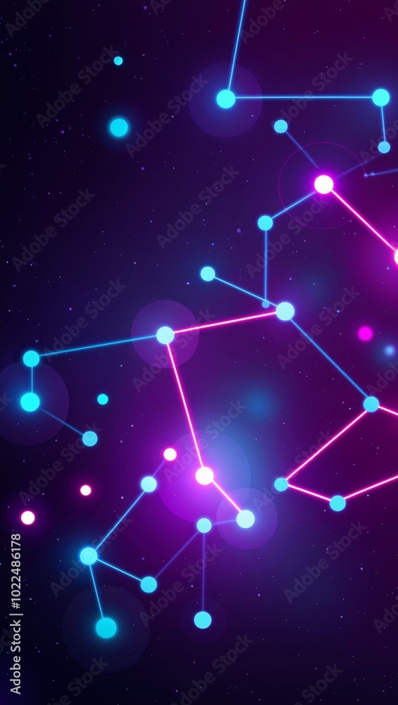 Digital abstract nodes and data points in neon space background for invitation or card screensaver Digital abstract nodes and data points in neon space background for invitation or card screensaver