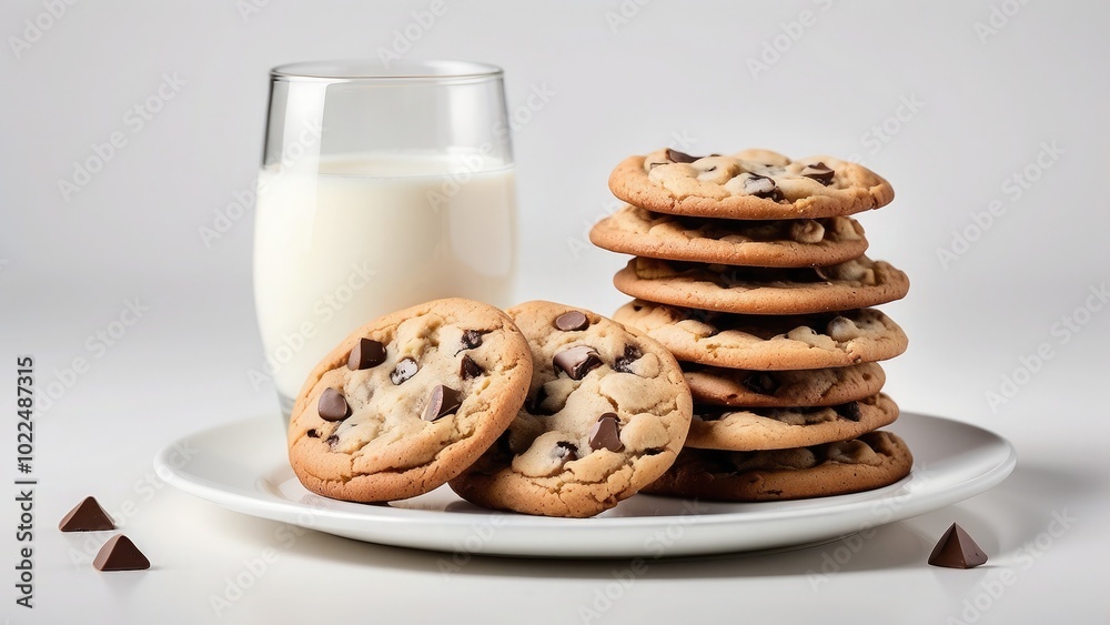 A plate of freshly baked chocolate chip cookies, warm and gooey, with a glass of milk, isolated on white background.- A plate of freshly baked chocolate chip cookies, warm and gooey, with a glass of milk, isolated on white background.-
