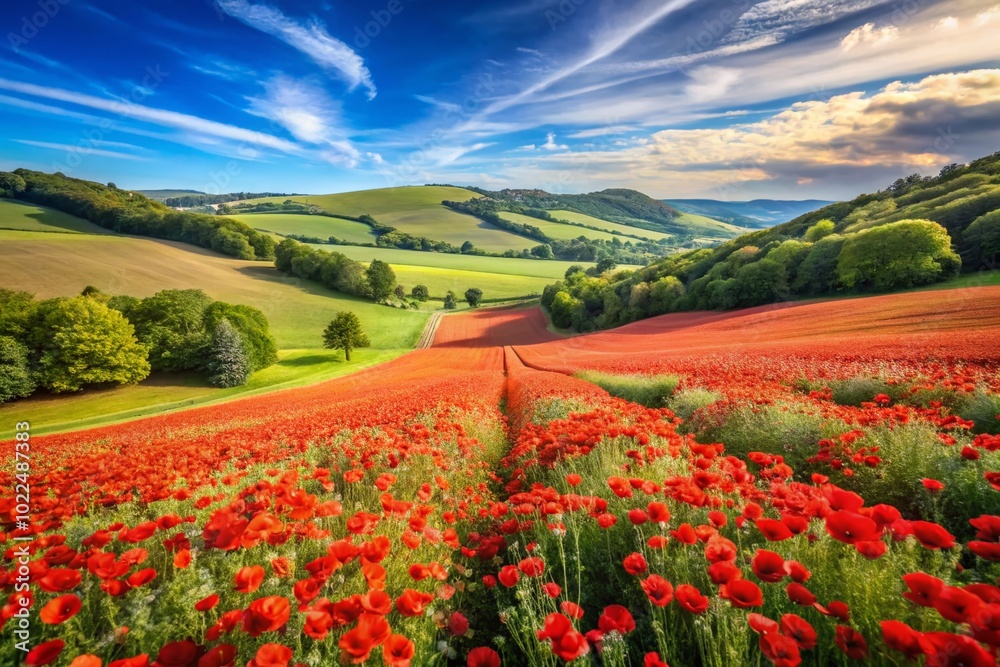 Vibrant Summer Poppy Field Aerial View - Scenic Landscape Photography Vibrant Summer Poppy Field Aerial View - Scenic Landscape Photography