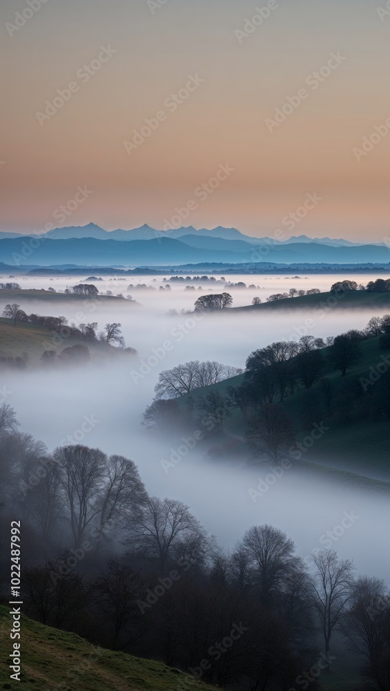 Fototapeta premium Misty valley with trees and distant mountains background for invitation or card screensaver