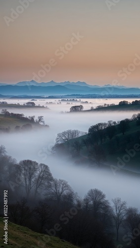 Misty valley with trees and distant mountains background for invitation or card screensaver