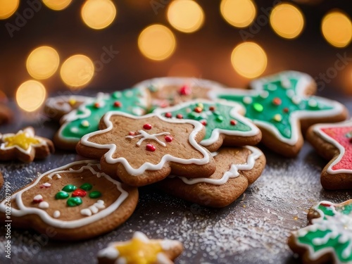 Colorful Christmas gingerbread cookies. Close-up, blurred background with twinkling lights