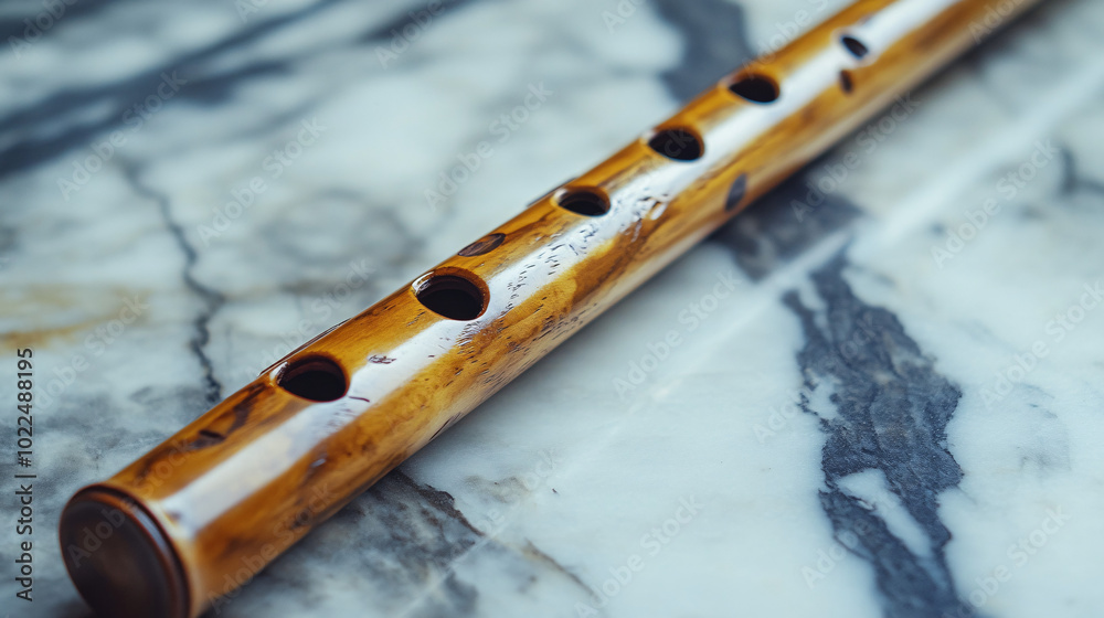 Naklejka premium wooden flute closeup on marble surface