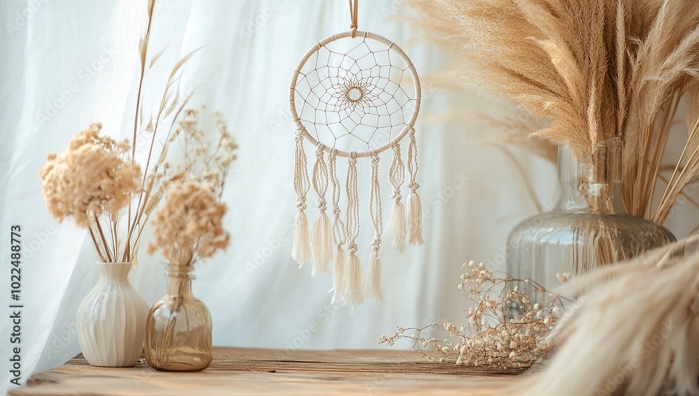 A macrame dream catcher with tassels and beads A macrame dream catcher with tassels and beads