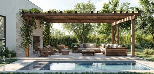 Pergola-covered backyard area by a pool with refined outdoor furniture.