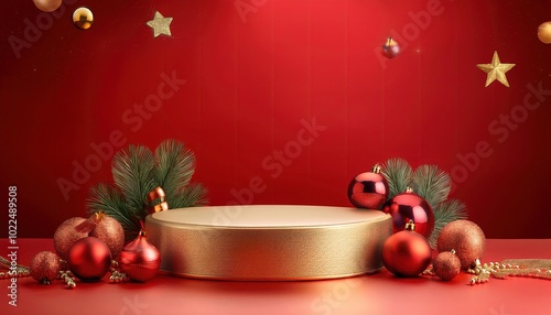 Festive podium with New Year decorations, red, white, green color element background.