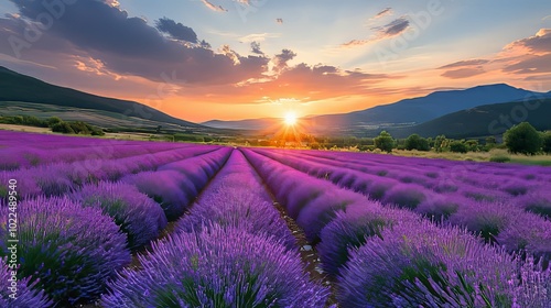 Lavender Field at Sunset with Mountains and a Sunburst