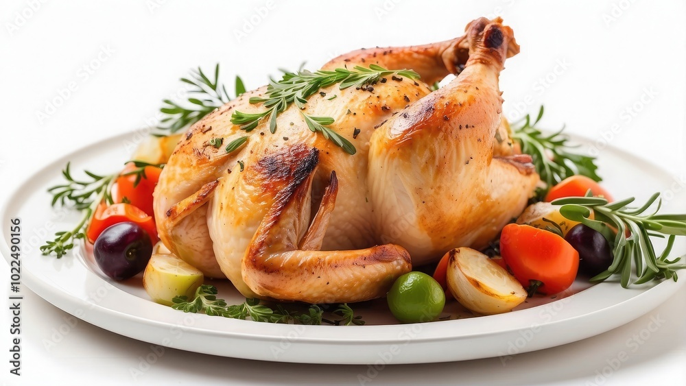 A succulent roast chicken with herbs and vegetables, golden brown and juicy, on a white plate, isolated on white background.- A succulent roast chicken with herbs and vegetables, golden brown and juicy, on a white plate, isolated on white background.-