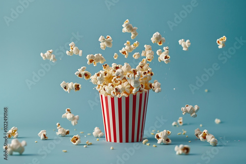 Delicious Popcorn Flying from Red-White Striped Cup: A Snack in Motion"