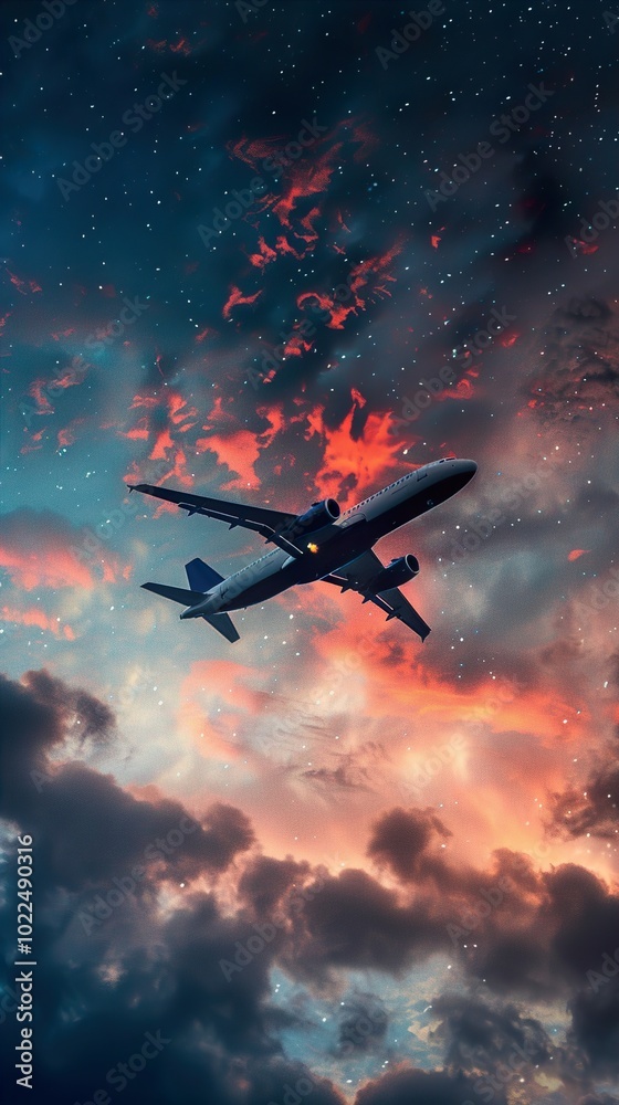 Airplane Flying Above Clouds at Sunset with Stars Airplane Flying Above Clouds at Sunset with Stars
