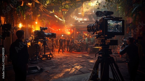 A vibrant movie set buzzing with activity as actors and crew prepare collaboratively for an upcoming scene.