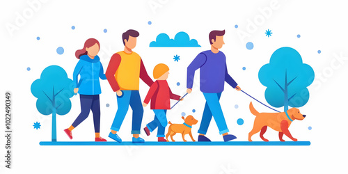 Candid Family Walking Dog in Autumn Park: Colorful Foliage, Outdoor Joy and Togetherness in Photo Stock