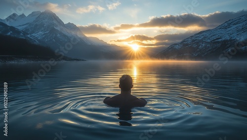 A man is swimming in the lake at sunrise, surrounded by snow-capped mountains