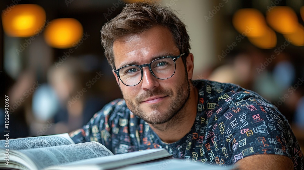 A young man studies intently at a cozy cafe, surrounded by books and warm lighting during a bustling afternoon A young man studies intently at a cozy cafe, surrounded by books and warm lighting during a bustling afternoon