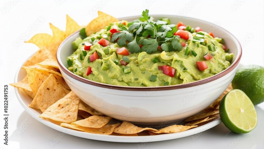 A bowl of vibrant guacamole with tortilla chips, lime wedges, and cilantro garnish, fresh and appetizing, isolated on white A bowl of vibrant guacamole with tortilla chips, lime wedges, and cilantro garnish, fresh and appetizing, isolated on white