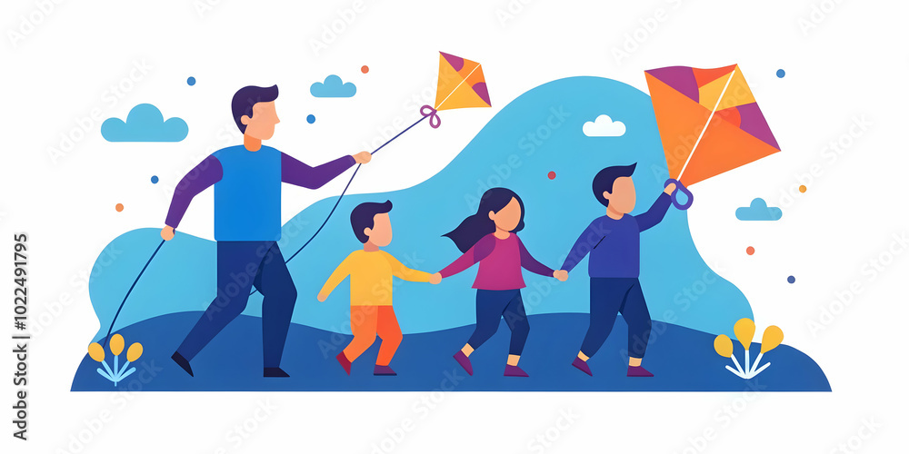 Joyful Family Flying Kites in an Open Field - Captivating Outdoor Scene with Space for Text Overlay, Perfect for Stock Photo Concepts Joyful Family Flying Kites in an Open Field - Captivating Outdoor Scene with Space for Text Overlay, Perfect for Stock Photo Concepts