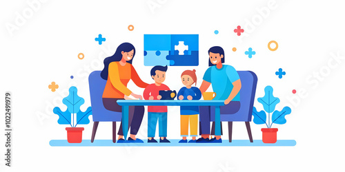 Glossy Modern Living Room Family Puzzle Time: A Cozy Space for Bonding and Joy in a Stylish Setting, Perfect for Stock Photography