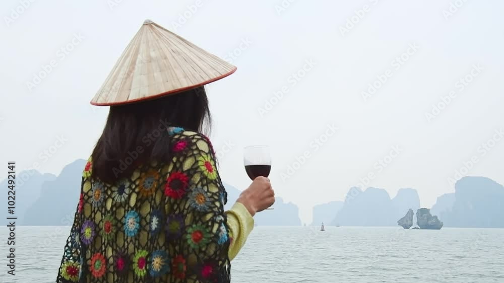 Woman tourist traveler enjoy cruise boat ride in Halong Bay national ...