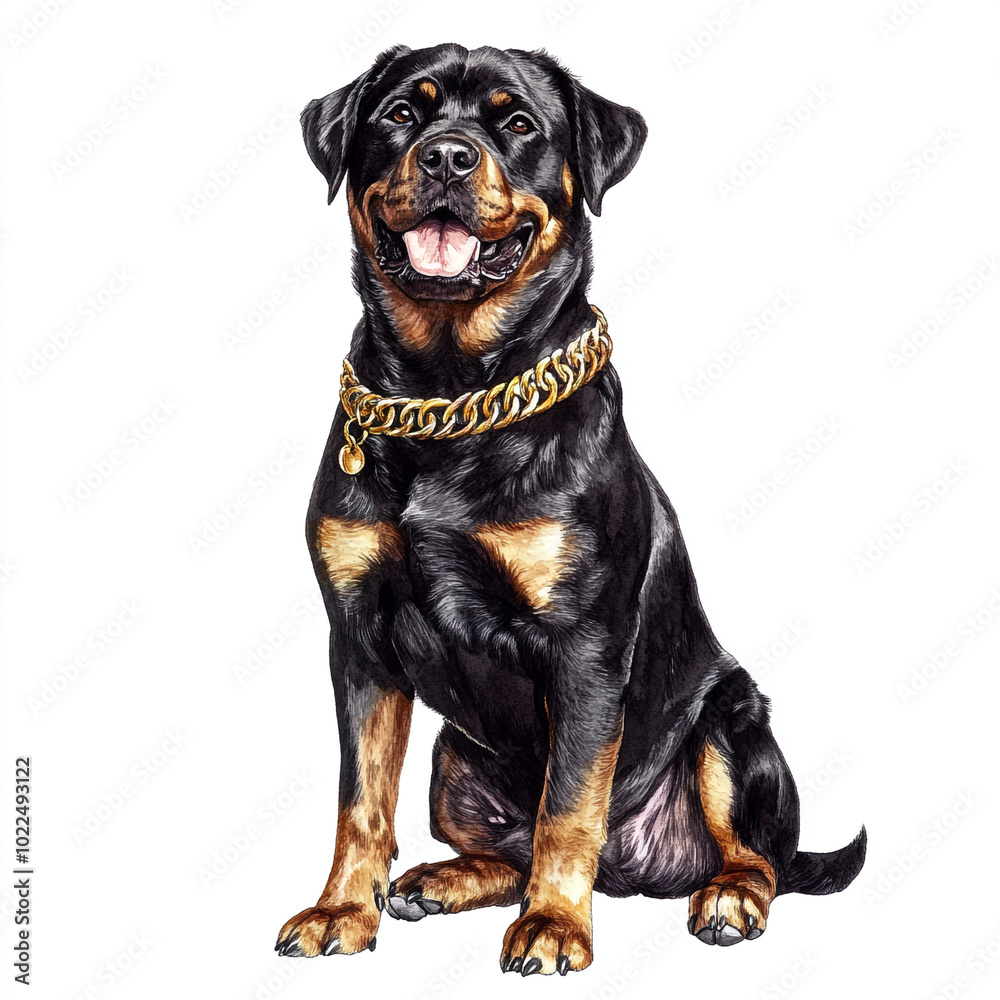 Rottweiler Dog Sitting Proudly With A Shiny Gold Medal Around Its Neck Rottweiler Dog Sitting Proudly With A Shiny Gold Medal Around Its Neck