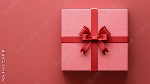 Pink Gift Box with Red Bow on Red Background